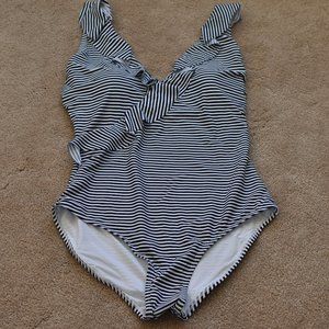Navy Blue & White Striped One-Piece Bathing Suit